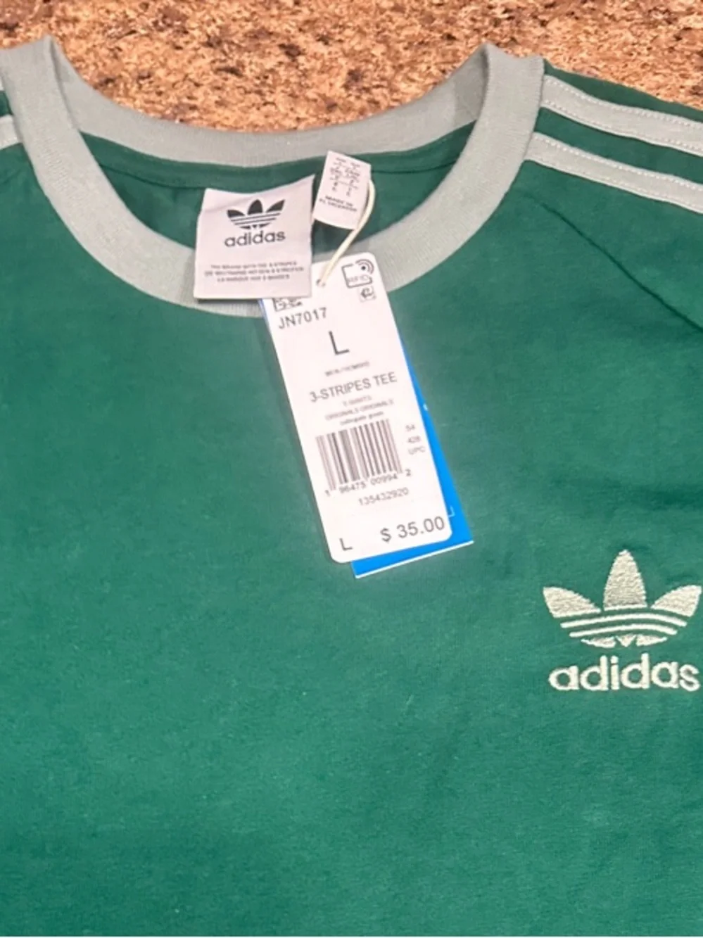 NWT adidas Collegiate Green Trefoil Stripe Crew Neck Tee Large
